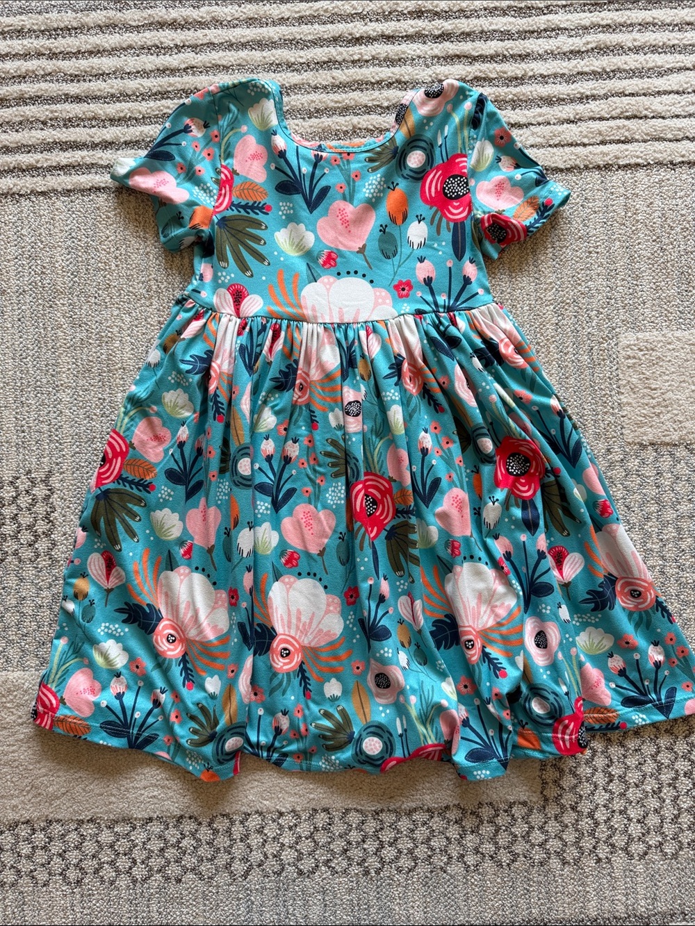 Girls Teal Floral Short-Sleeve Twirl Dress